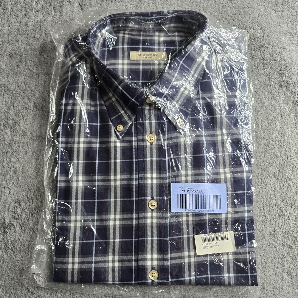 NWT Burberry London Shirt Mens LT Large-Tall Navy Blue Plaid L/S Button Down USA